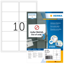 Entfernbare Etiketten mit der Aufschrift "Außer Betrieb" und der Nummer 10, verpackt von HERMA.