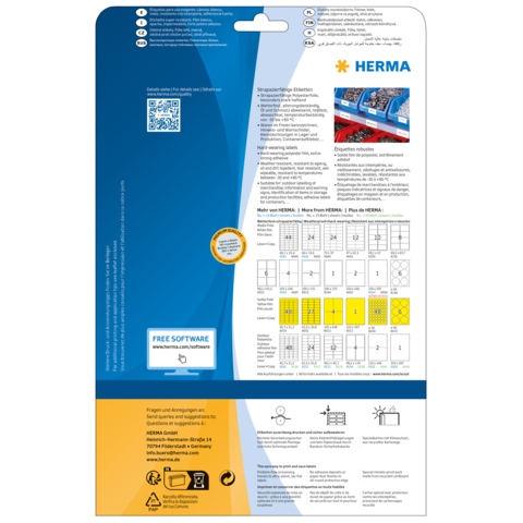 Rückseite einer Verpackung mit Informationen zu HERMA-Produkten, einschließlich QR-Code und Hinweisen zur kostenlosen Software.
