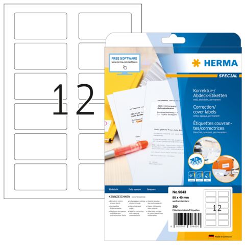 Korrektur- und Abdecketiketten von Herma, Packung mit 300 Etiketten, Größe 80 x 40 mm, inklusive Software-Hinweis.