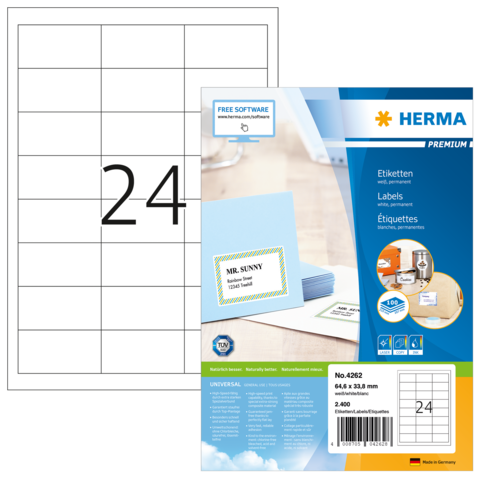Etikettenpackung von Herma mit 2400 Etiketten, inklusive Beispieletikett für "MR. SUNNY" und Hinweis auf kostenlose Software.