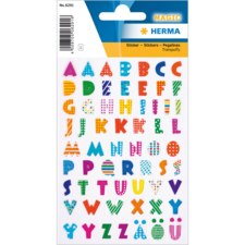 Bunte Buchstaben-Sticker in verschiedenen Designs und Farben, angeordnet in einem Raster auf einer Verpackung.