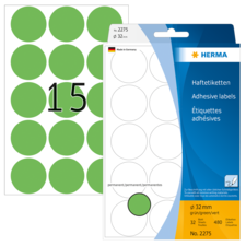 Grüne Haftetiketten mit einem Durchmesser von 32 mm, 32 Stück pro Bogen, verpackt in einer transparenten Hülle.