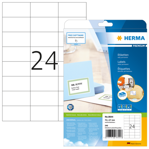 Etikettenpackung mit der Nummer 8644, enthält 240 Etiketten (70 x 37 mm) und zeigt ein Beispieletikett mit dem Text "MR. SUNNY".