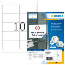 Ablösbare Etiketten mit der Aufschrift "Außer Betrieb" und "Out of order", verpackt von der Marke HERMA.