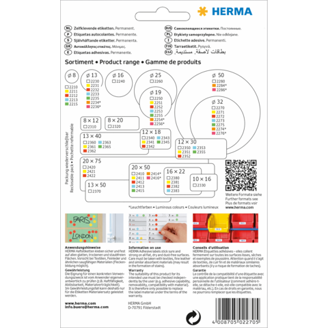 Produktübersicht mit verschiedenen Etikettenformaten und Anwendungshinweisen von HERMA. Enthält Größen, Artikelnummern und QR-Code für weitere Informationen.