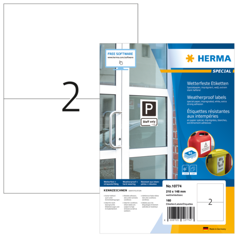 Wetterfeste Etiketten von Herma, Packung mit 160 Stück, Größe 210 x 148 mm, inklusive kostenloser Software.