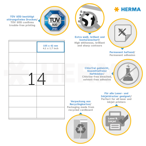 TÜV SÜD confirma la impresión sin interrupciones. Etiquetas autoadhesivas, blanqueadas sin cloro, adecuadas para impresoras láser e inkjet. Embalaje de cartón reciclado.