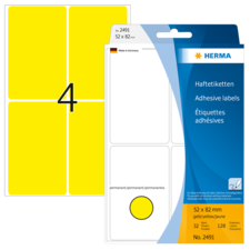 Gelbe Haftetiketten von Herma, 52 x 82 mm, 32 Stück, permanent, auf Verpackung mit Nummer 2491.