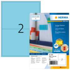 Bunte Etikettenpackung mit der Aufschrift "2" und Produktinformationen von HERMA, einschließlich Abmessungen und Verwendungshinweisen.