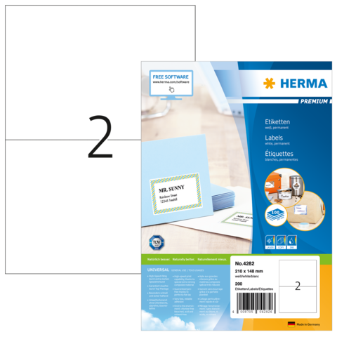 Etikettenpackung von HERMA mit 200 selbstklebenden Etiketten. Auf der Vorderseite sind Beispiele für Etiketten und Softwarehinweise abgebildet.