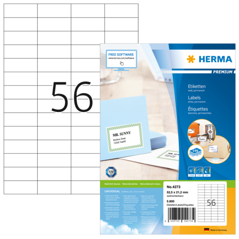 Etikettenpackung mit der Nummer 4273 von Herma, zeigt ein Beispieletikett mit dem Namen "MR. SUNNY" und die Anzahl 56.
