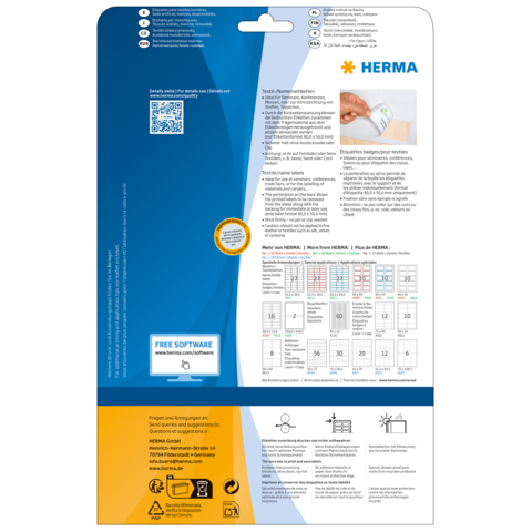 Rückseite einer Verpackung für Etiketten von HERMA, mit Anweisungen, QR-Code und Informationen zur kostenlosen Software.