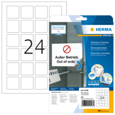 Packung mit ablösbaren Etiketten von Herma, Größe 40 x 40 mm, mit der Aufschrift "Außer Betrieb" und der Nummer 24.
