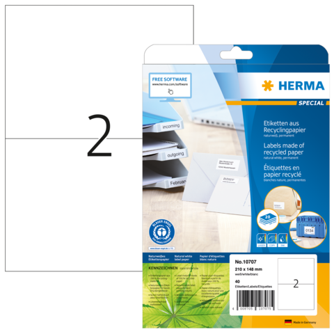 Etiketten aus Recyclingpapier in einer Verpackung, mit der Aufschrift "HERMA SPECIAL" und der Produktnummer 10707.
