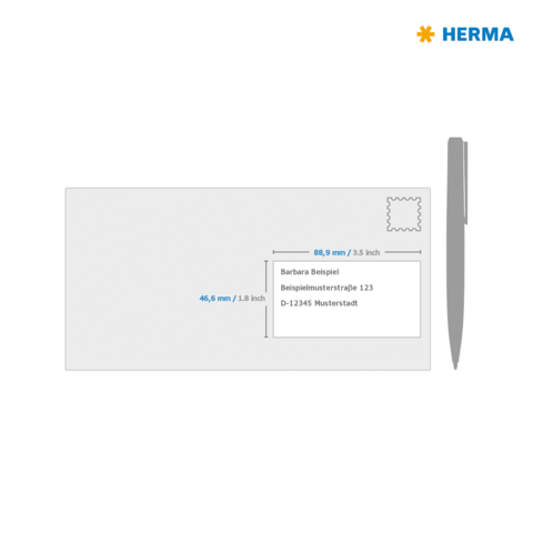 Eine Postkarte mit Abmessungen, Adressfeld und einem Platz für eine Briefmarke. Enthält Beispieladresse und Maße in Millimetern und Zoll.