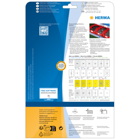 Rückseite einer Verpackung mit Informationen zu HERMA Produkten, einschließlich QR-Code und Hinweisen zur kostenlosen Software.
