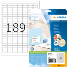 Etikettenpackung von Herma mit der Nummer 189, inklusive Beispieletiketten und Hinweis auf kostenlose Software zur Nutzung.