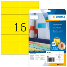 Bunte Etiketten auf einem Blatt mit der Nummer 16, verpackt in einer transparenten Hülle mit Produktinformationen von HERMA.