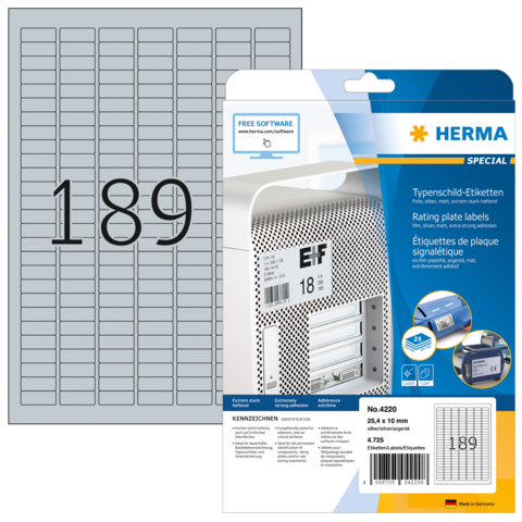 Typenschild-Etiketten mit der Nummer 189, verpackt in einer transparenten Hülle, mit Informationen zur Verwendung und Software.