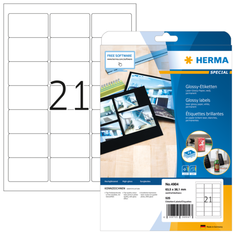 Glossy Etiketten von Herma, Packung mit 21 Etiketten auf einem Bogen, inklusive Software-Hinweis für die Gestaltung.