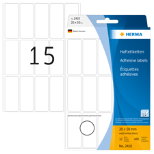 Haftetiketten von HERMA, 20 x 50 mm, 32 Stück, permanent, mit der Nummer 15 auf einem Etikett. Verpackung zeigt Produktdetails.