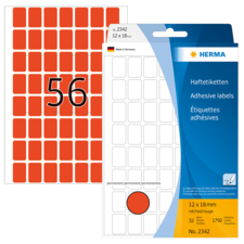 Rote Haftetiketten auf einem Bogen mit der Nummer 56, verpackt in einer transparenten Hülle mit Produktinformationen.