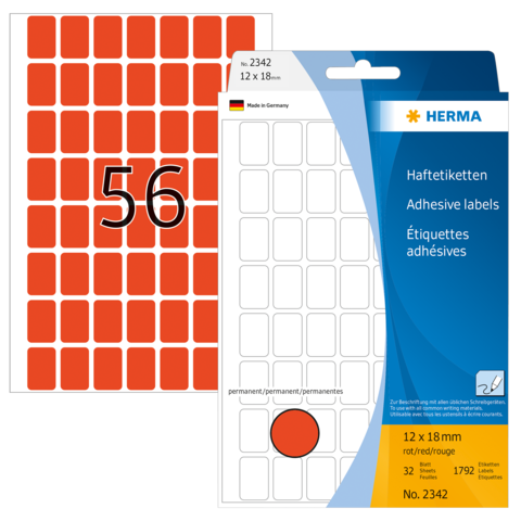 Rote Haftetiketten auf einem Bogen mit der Nummer 56, verpackt in einer transparenten Hülle mit Produktinformationen.